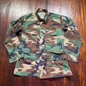 Vintage Military Jacket Mens M Long Woodland Camo‎ Combat Coat Hot Weather